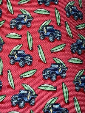 Vineyard Vines 100% silk tie Blue jeep with surfboard on cherry pink background